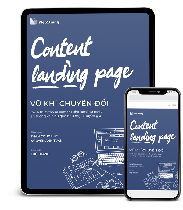Bìa ebook Content Landing Page hiển thị trên máy tính bảng và điện thoại
